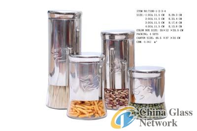 Four glass jars containers with S/S coating