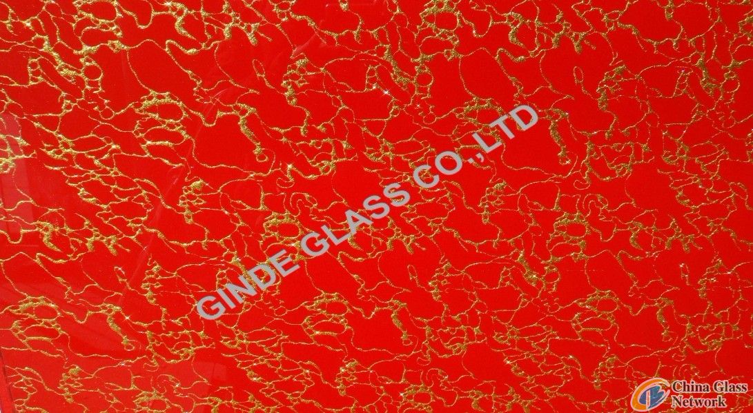 acid etched glass, decorative glass, art glass, red gold dragon