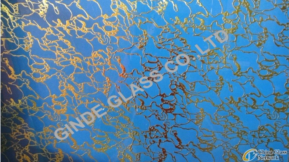 acid etched glass, decorative glass, art glass, blue gold dragon