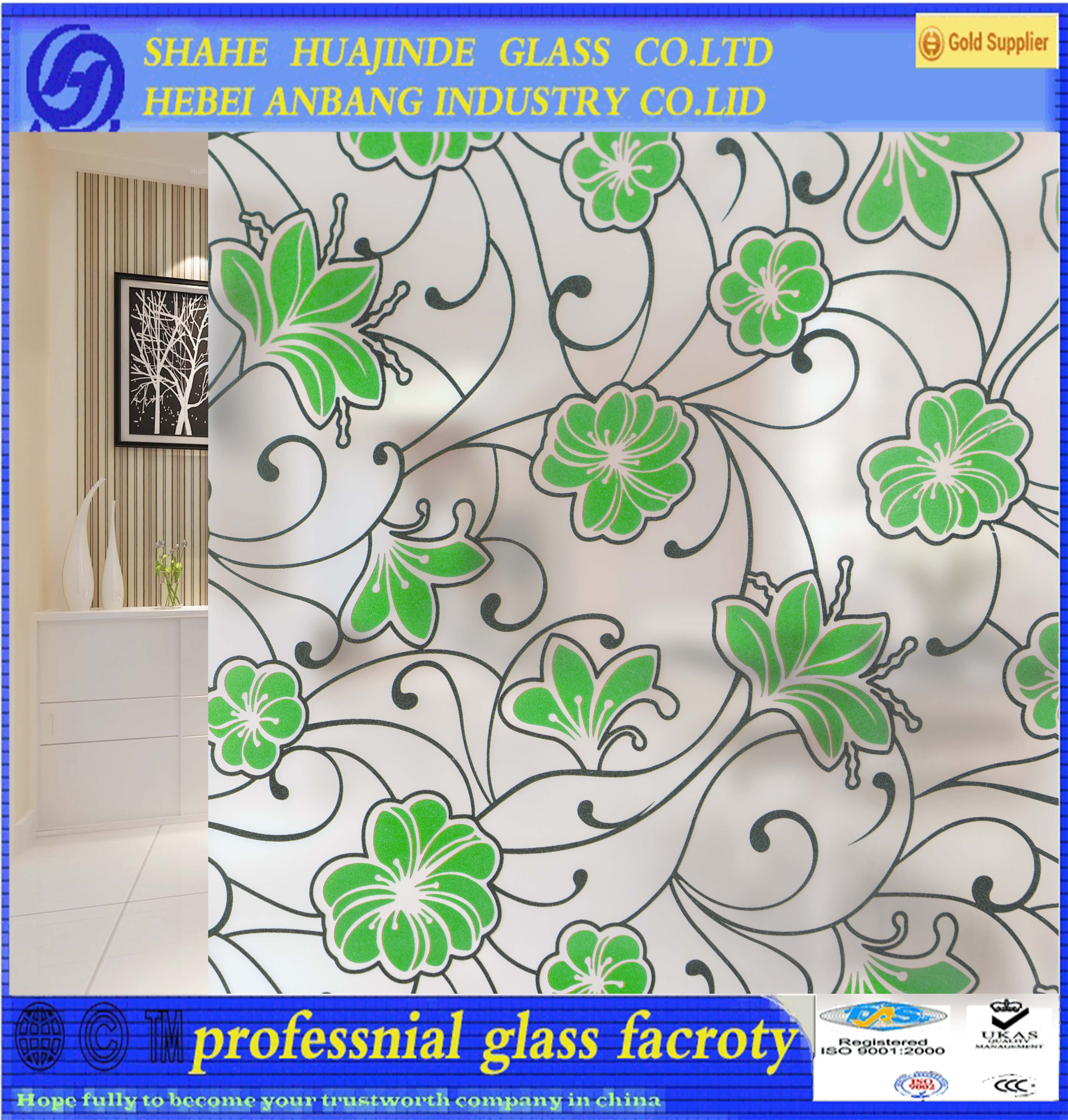 silk printed glass, decorative art frosted flower glass, building frosted window glass