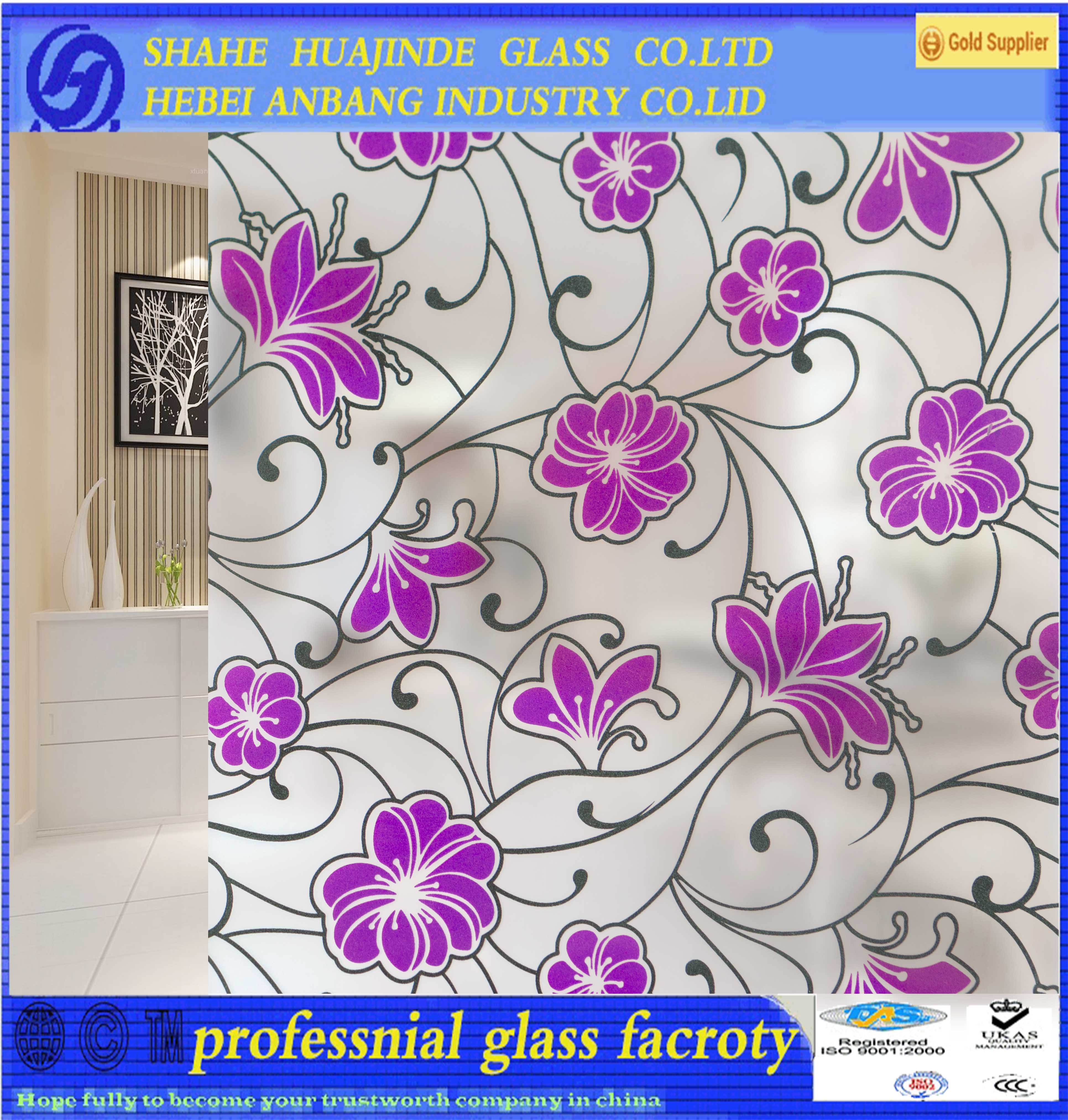 silk printed glass, decorative art frosted flower glass, building frosted window glass