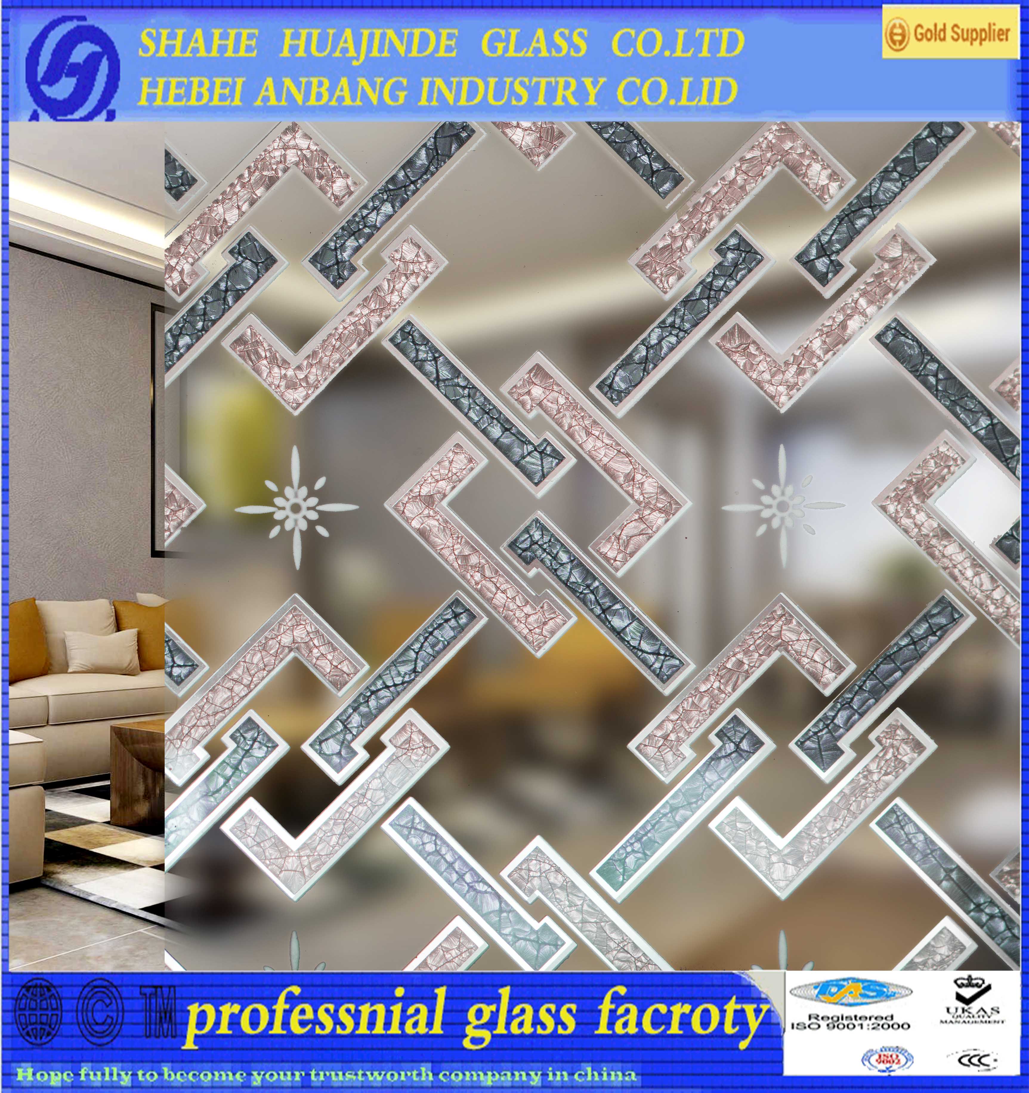 ceiling glass, ice acid frosted colourful glass, decoration factory glass