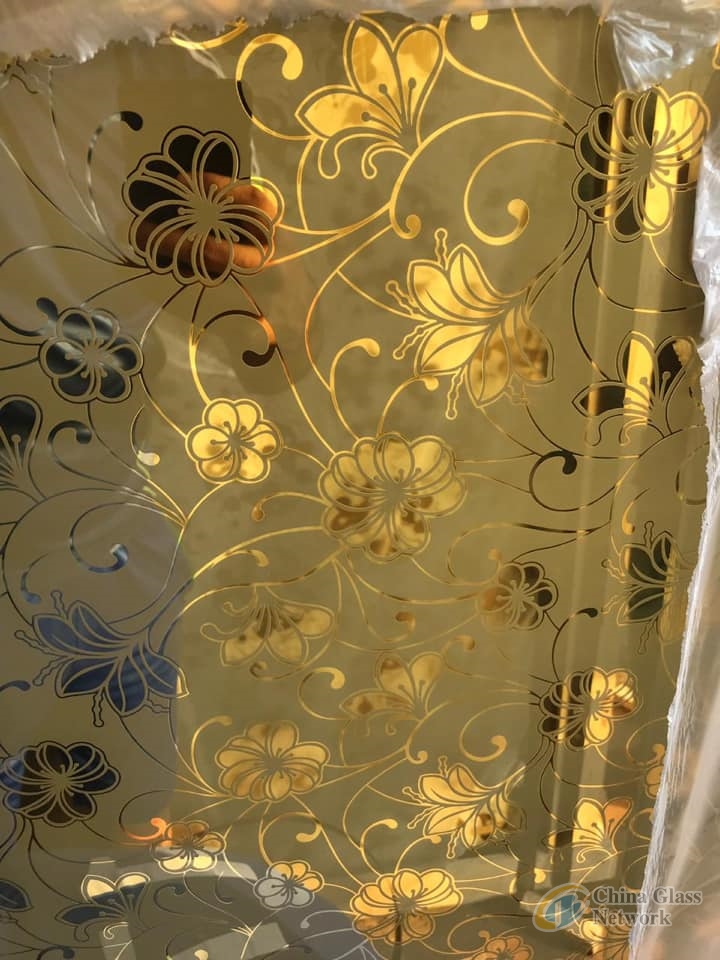 Decorative glass , acid etched glass with golden coating