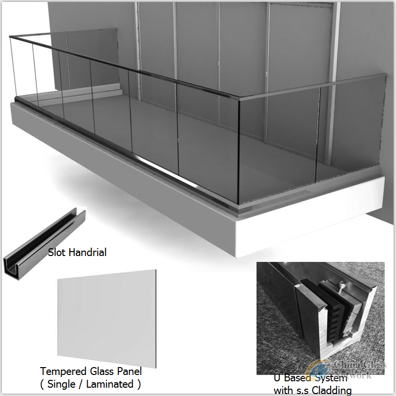 SYS aluminum decking railing/glass balustrade/ U channel glass railings for balcony 2-19MM