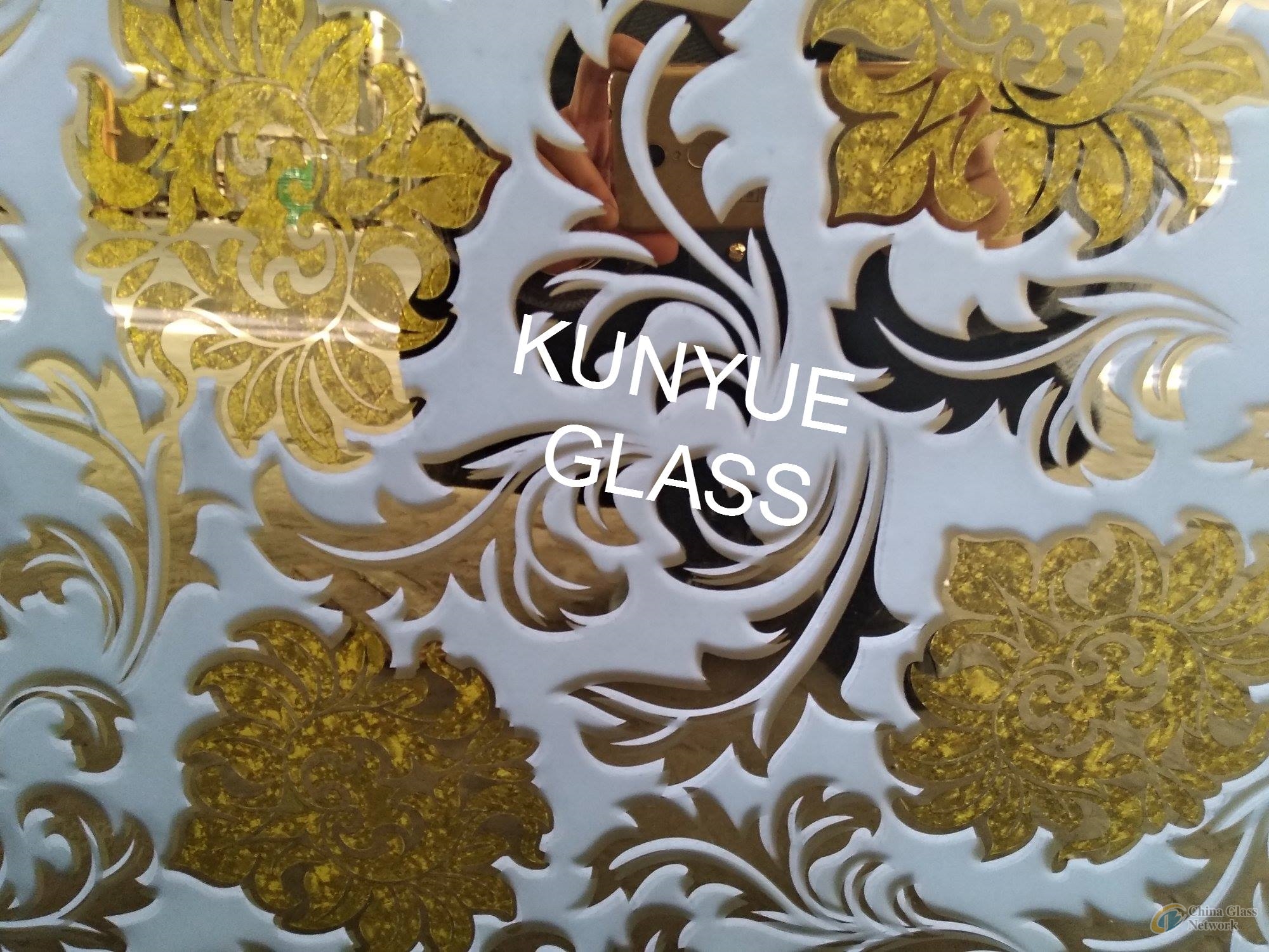 decorative glass acid etched glass with ice flower on goldern coating/titanium coating