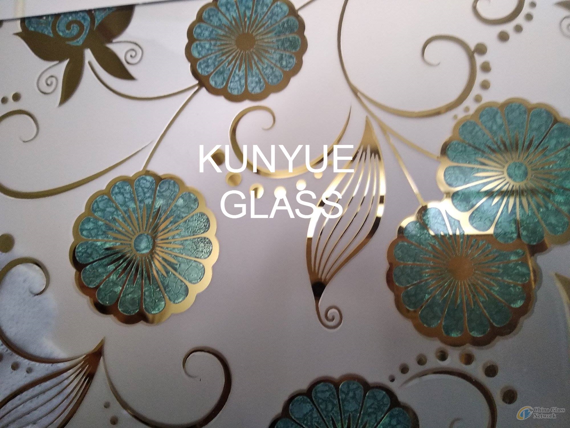 decorative glass acid etched glass with ice flower on goldern coating/titanium coating