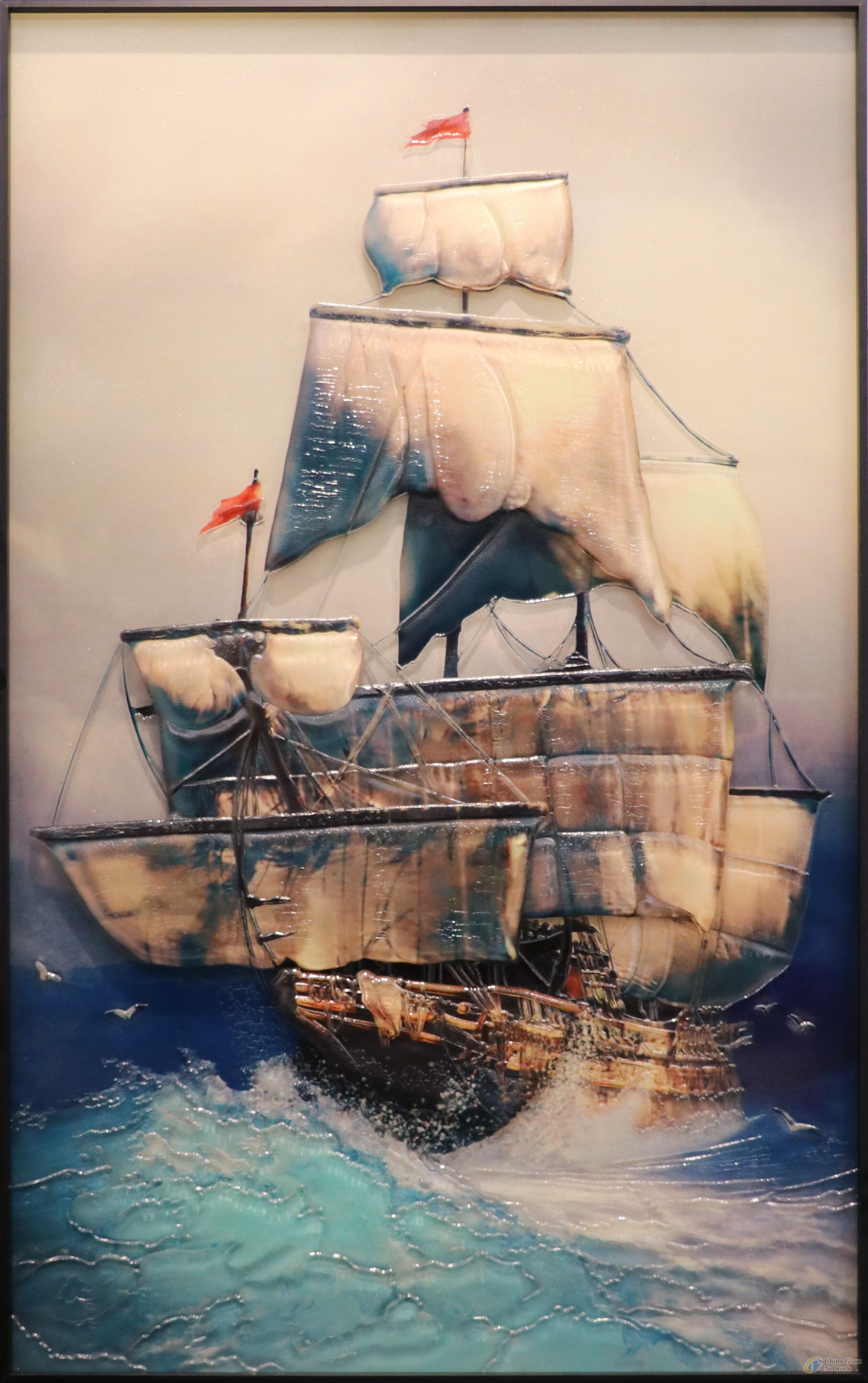 Traditional Art Glass Painting with Sailboat(MR-YB17-828)