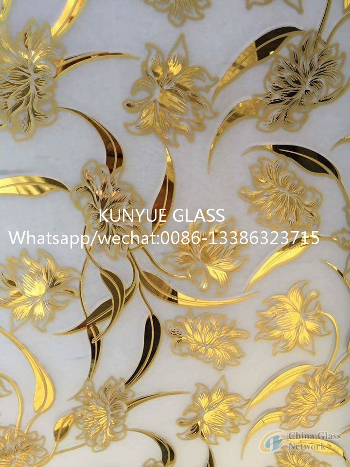 decorative glass golden coated titanium coated  with ice flower