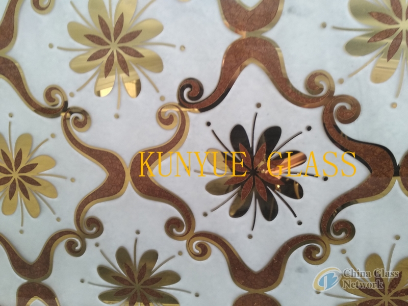 decorative glass golden coated titanium coated  with ice flower