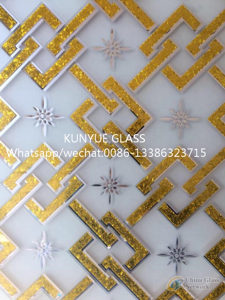 decorative glass golden coated titanium coated  with ice flower