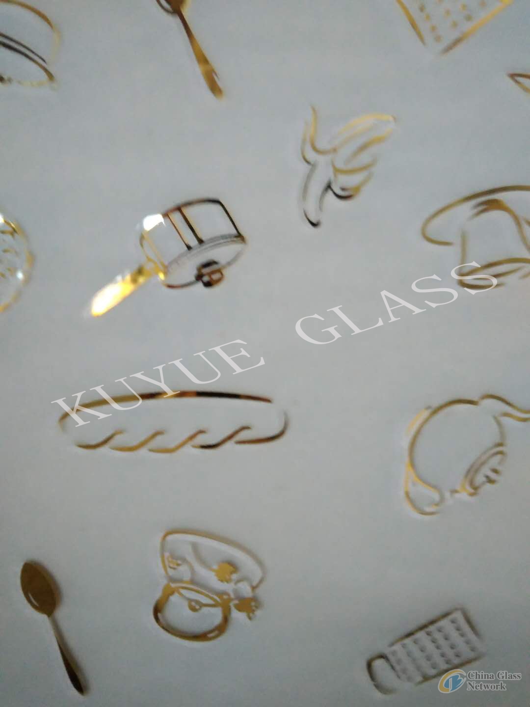 Decorative glass  acid etched golden coating with ice flower