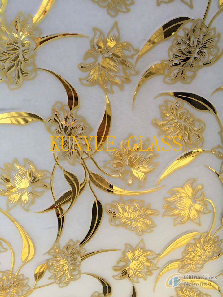 Decorative glass  acid etched golden coating with ice flower