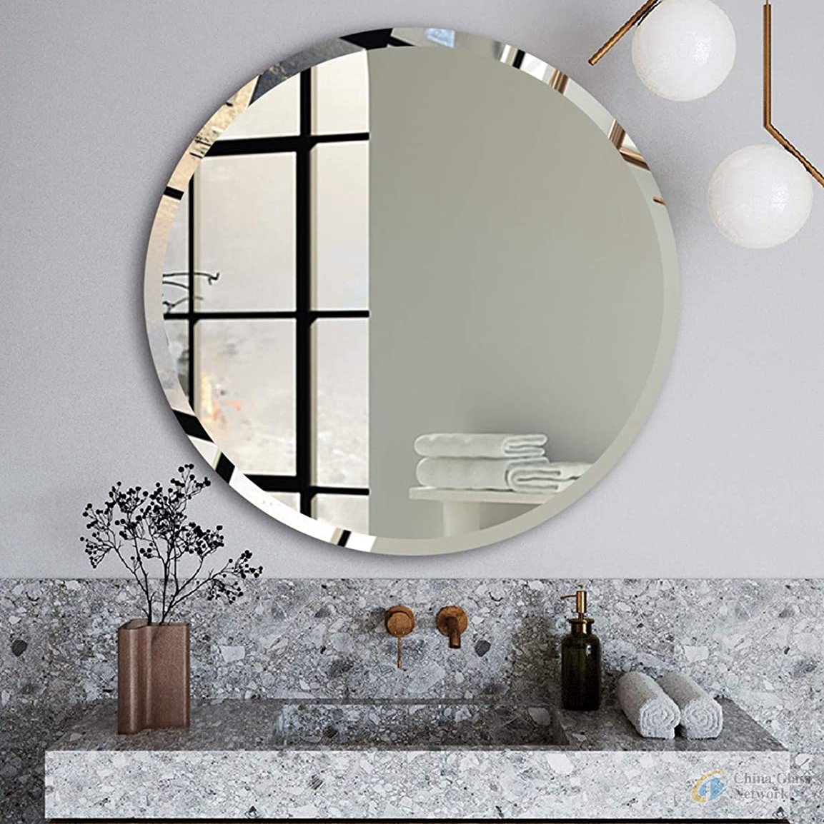 Wall Mounted Silver Beveled Edge round Bathroom Mirror