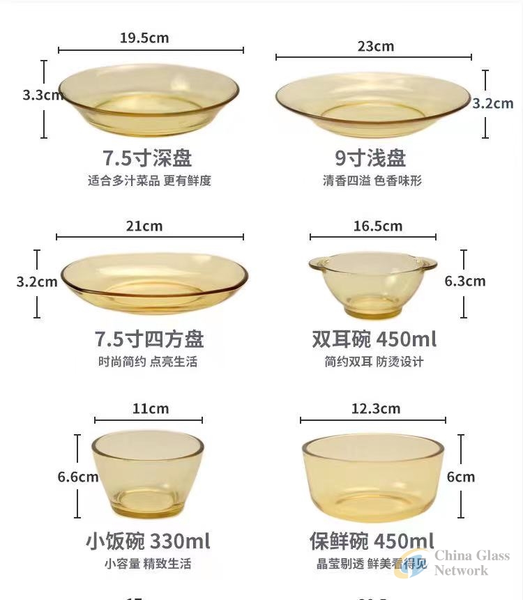 Amber-colored binaural bowl with high boron silicon