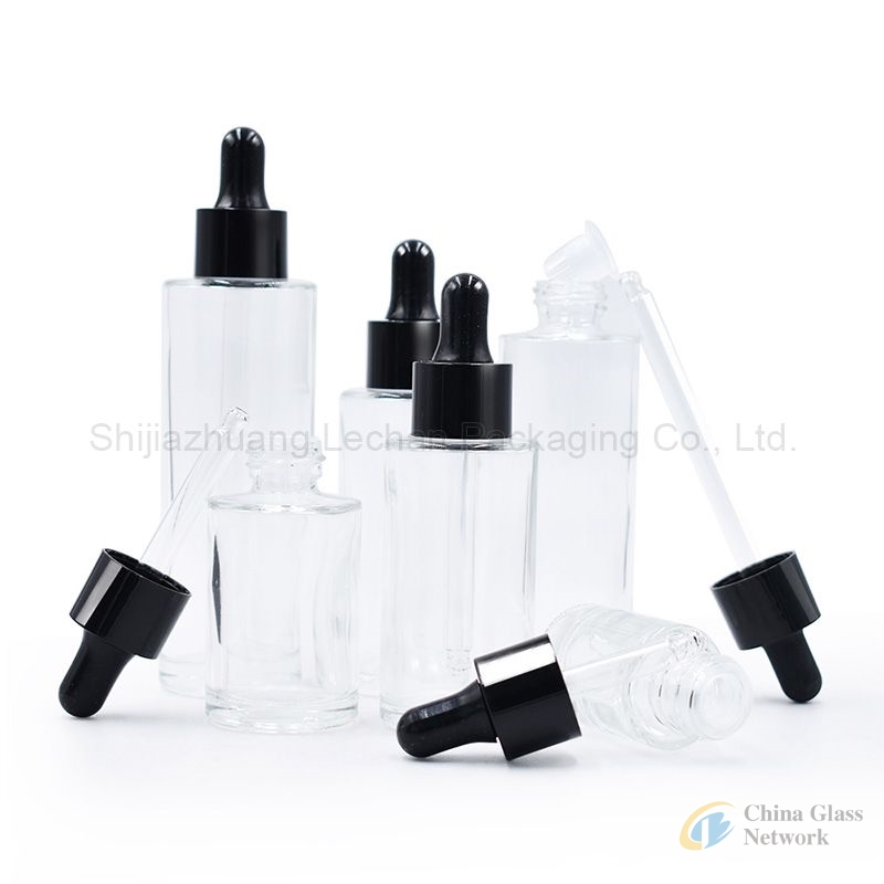 Clear Glass Bottles with Dropper Cap Flat Shoulder Bottles